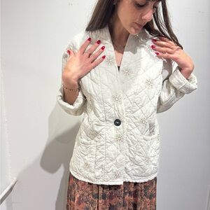 White Quilted Jacket with Floral Embroidery